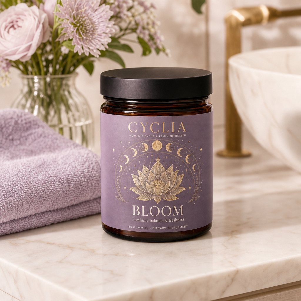 A calm morning moment — a cup of tea beside a small jar of Bloom gummies