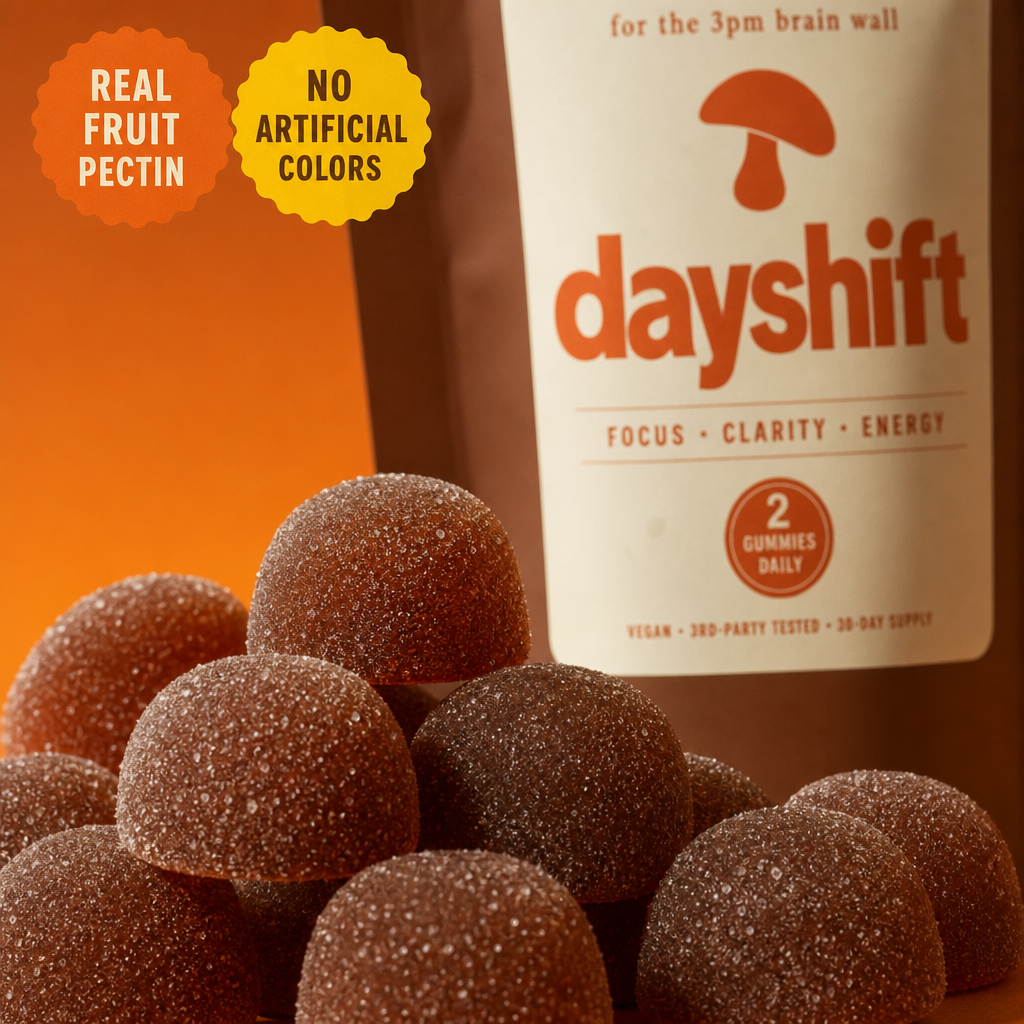 Macro of warm chestnut-brown DAYSHIFT gummies
