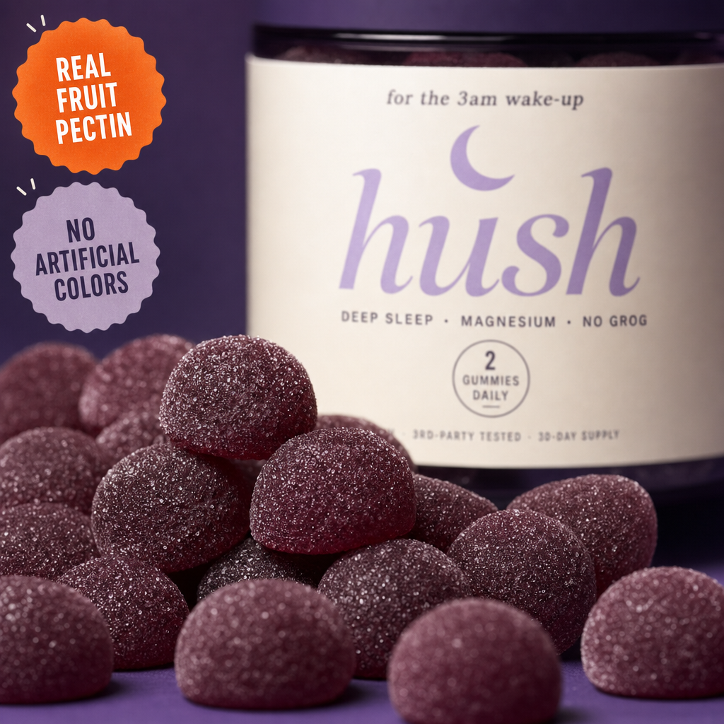 Macro of midnight-plum HUSH gummies