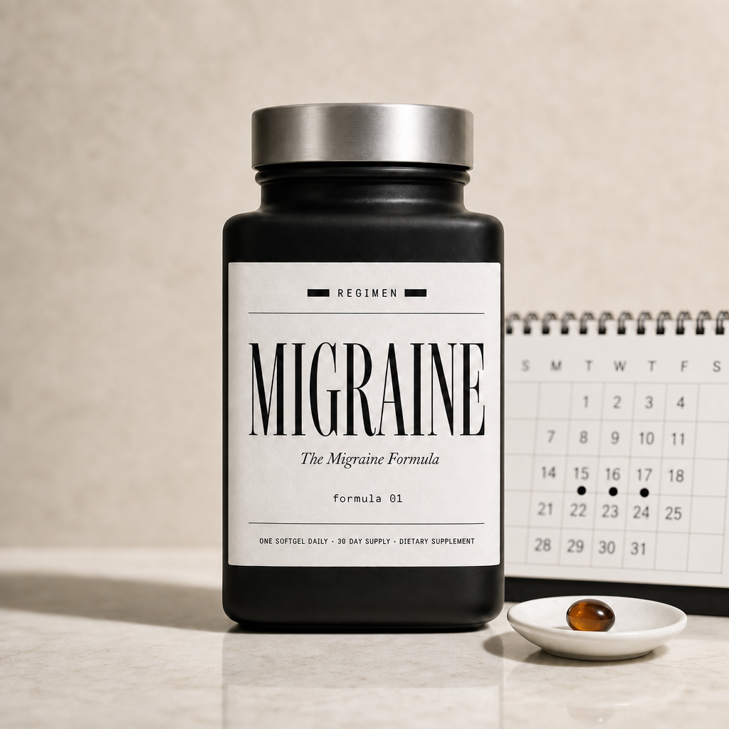 The REGIMEN Migraine Formula bottle on a bright morning kitchen counter, calendar in soft focus