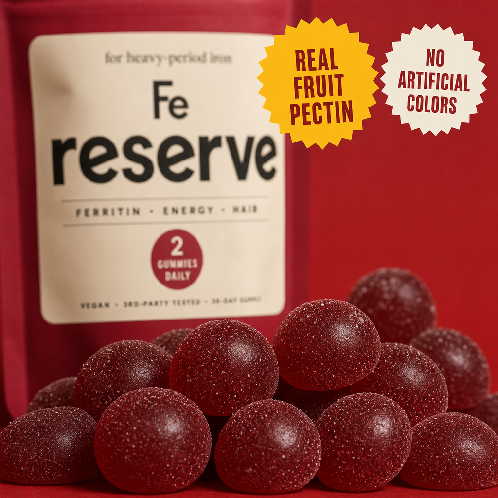 Macro of deep pomegranate-red RESERVE gummies