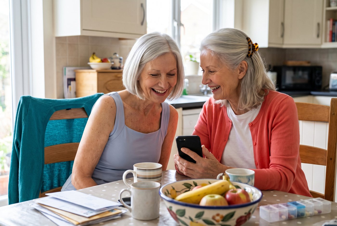 Carol ordering tanks on her phone at the kitchen table with Linda