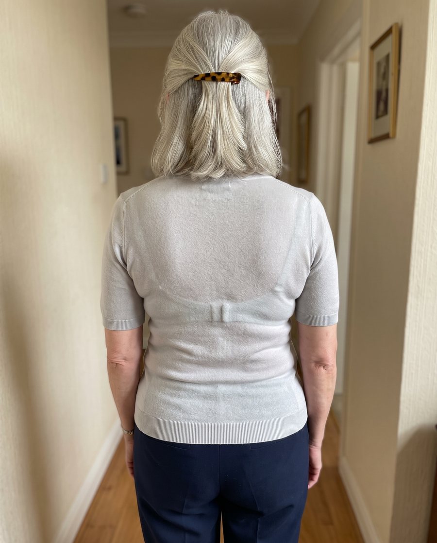 Carol from behind, a bra band line showing through her knit top