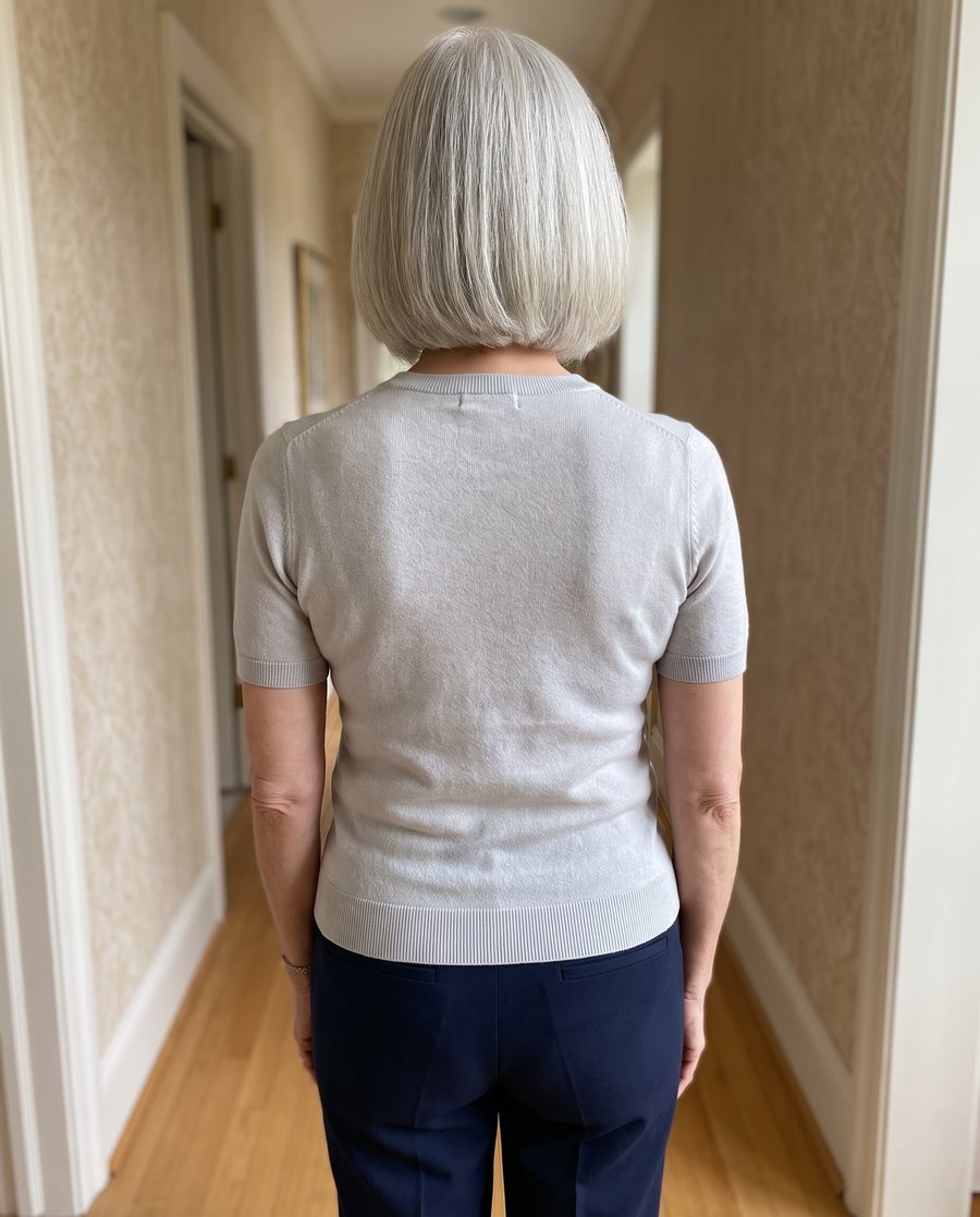 Linda from behind in the same knit top, smooth back
