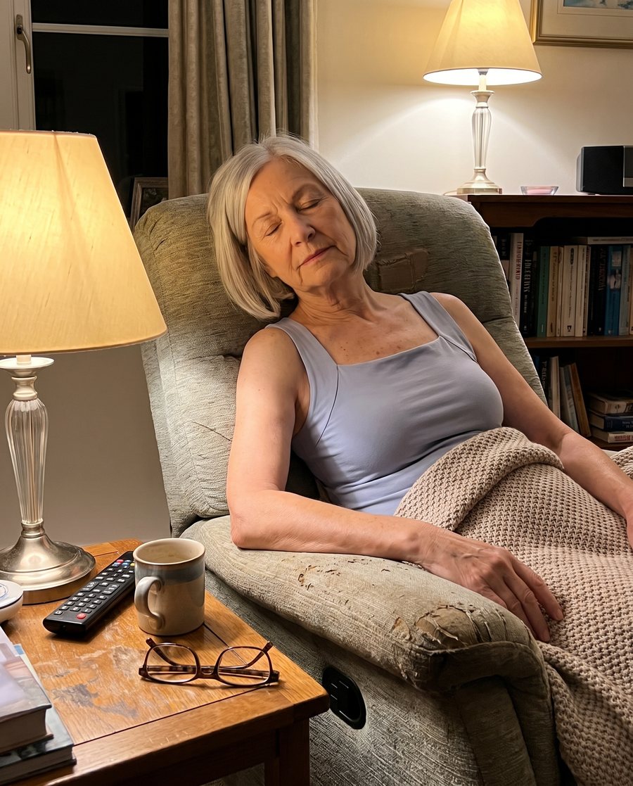 Linda dozing in a recliner in the tank