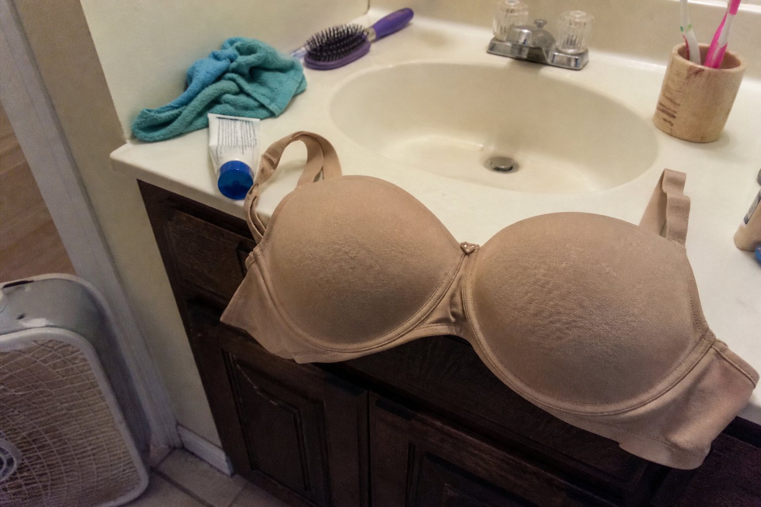 A sweat-damp bra hung over the bathroom sink