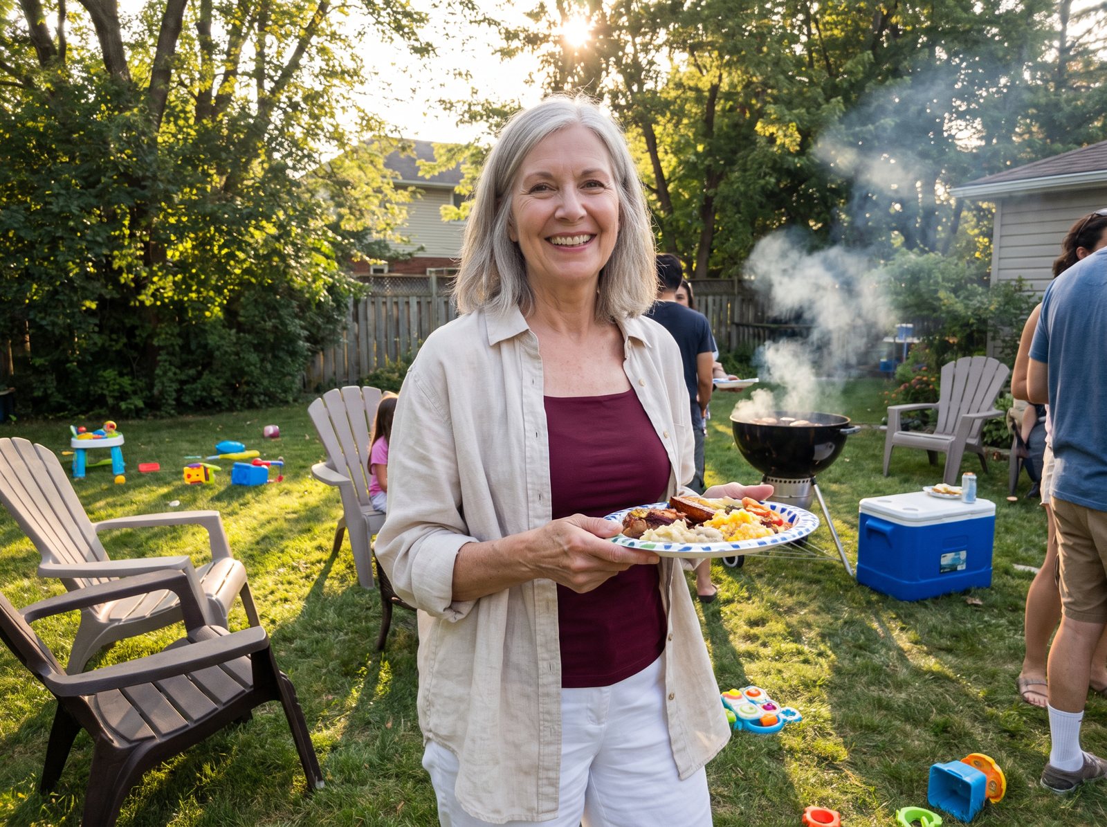 Bev at a family barbecue in the burgundy tank