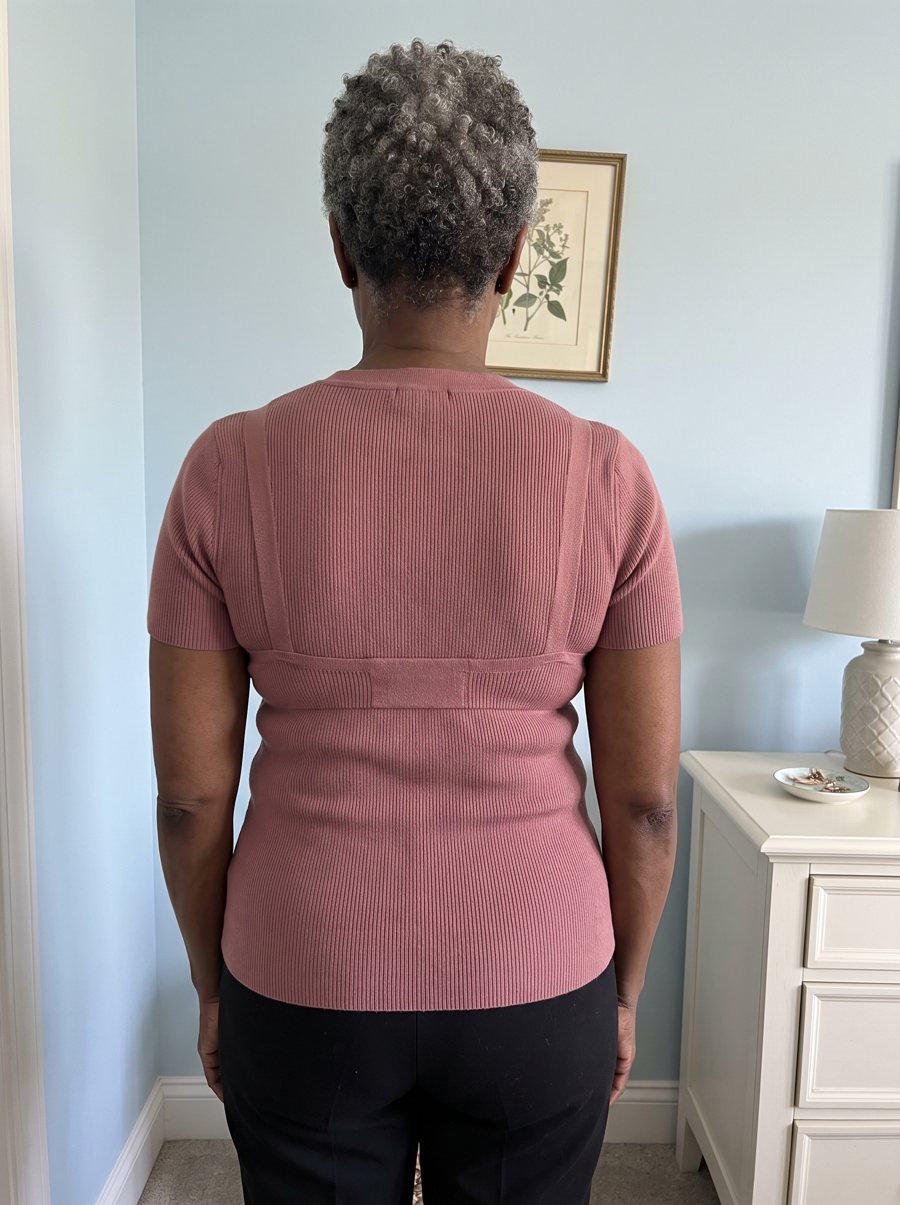 Denise W. from behind in her usual bra: a band line and roll show through the top