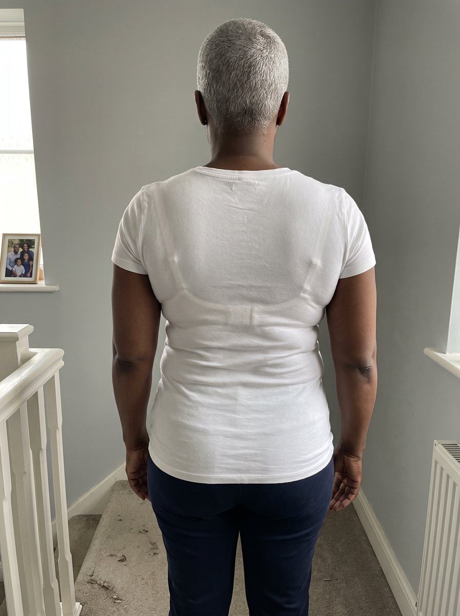 Gloria B. from behind in her usual bra: a band line and roll show through the top