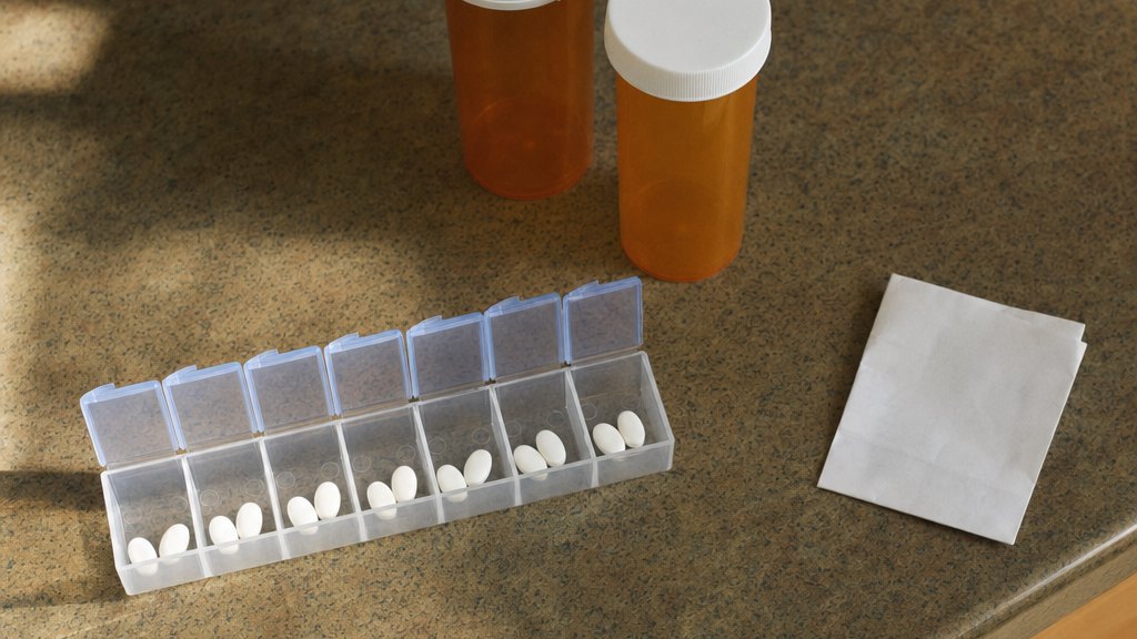 The kitchen counter. Blood pressure, cholesterol, one more compartment for a bladder tablet, and no explanation of what any of them are aimed at.