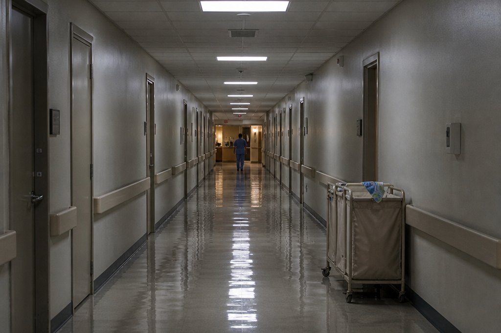 The corridor outside urology at the end of a shift. Most of what I learned about bladders I learned from the ten-minute conversations that happened out here, after the specialist had already gone home.