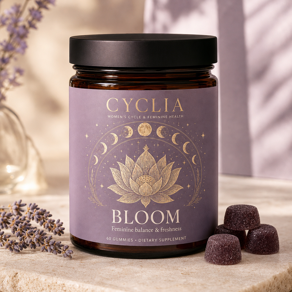 Bloom Feminine Balance Gummies jar with mixed-berry gummies