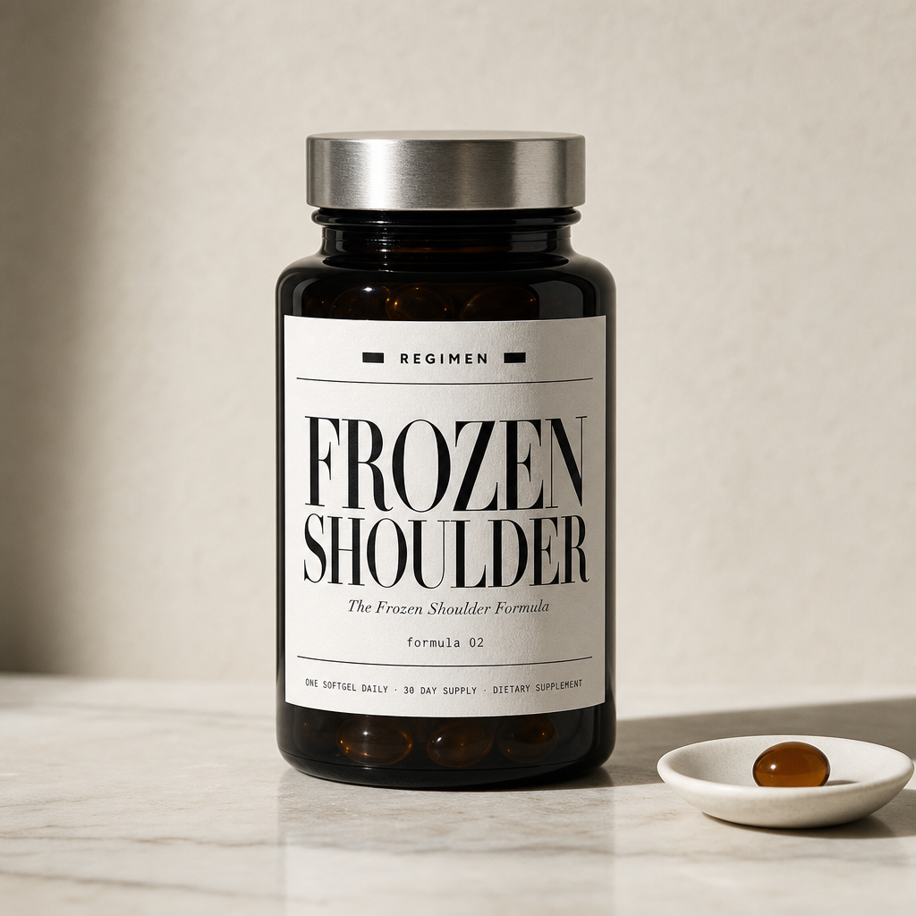 The REGIMEN Frozen Shoulder Formula — forest-green apothecary bottle