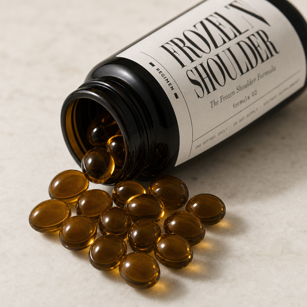 Macro shot of amber softgels spilling from the REGIMEN Frozen Shoulder Formula bottle
