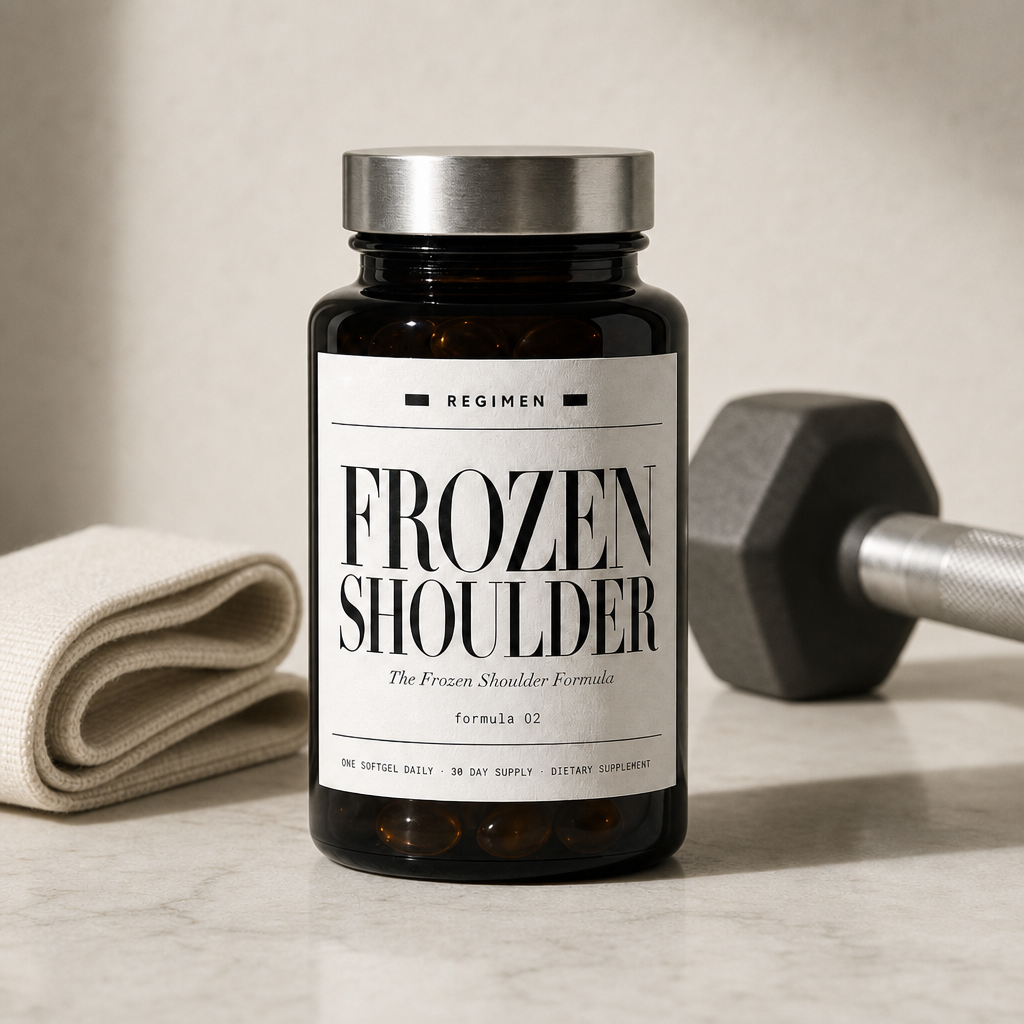 The REGIMEN Frozen Shoulder Formula bottle on a bright kitchen counter, top shelf reached in background