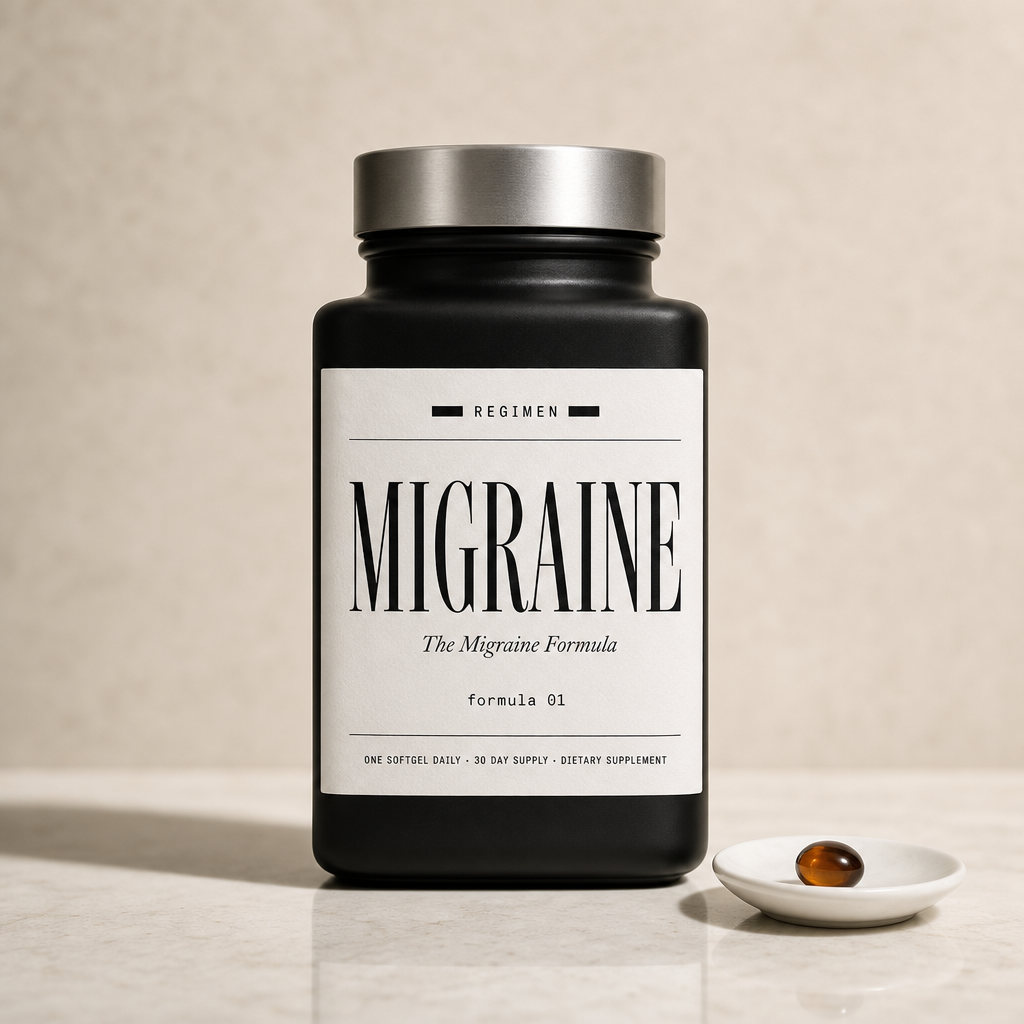 The REGIMEN Migraine Formula — forest-green apothecary bottle