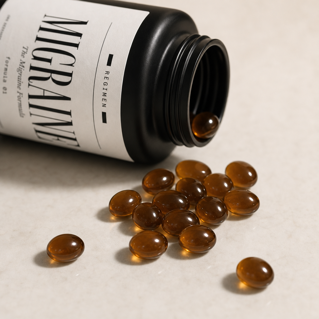 Macro shot of amber softgels spilling from the REGIMEN Migraine Formula bottle