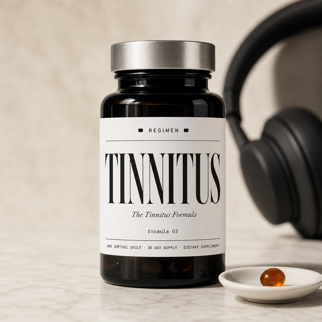 The REGIMEN Tinnitus Formula — forest-green apothecary bottle