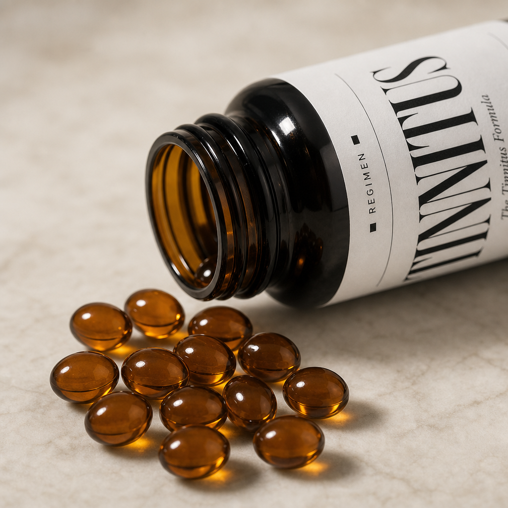 Macro shot of amber softgels spilling from the REGIMEN Tinnitus Formula bottle