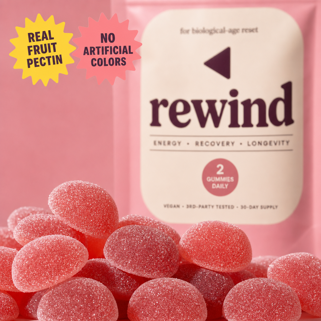 Macro of soft rose-pink REWIND gummies