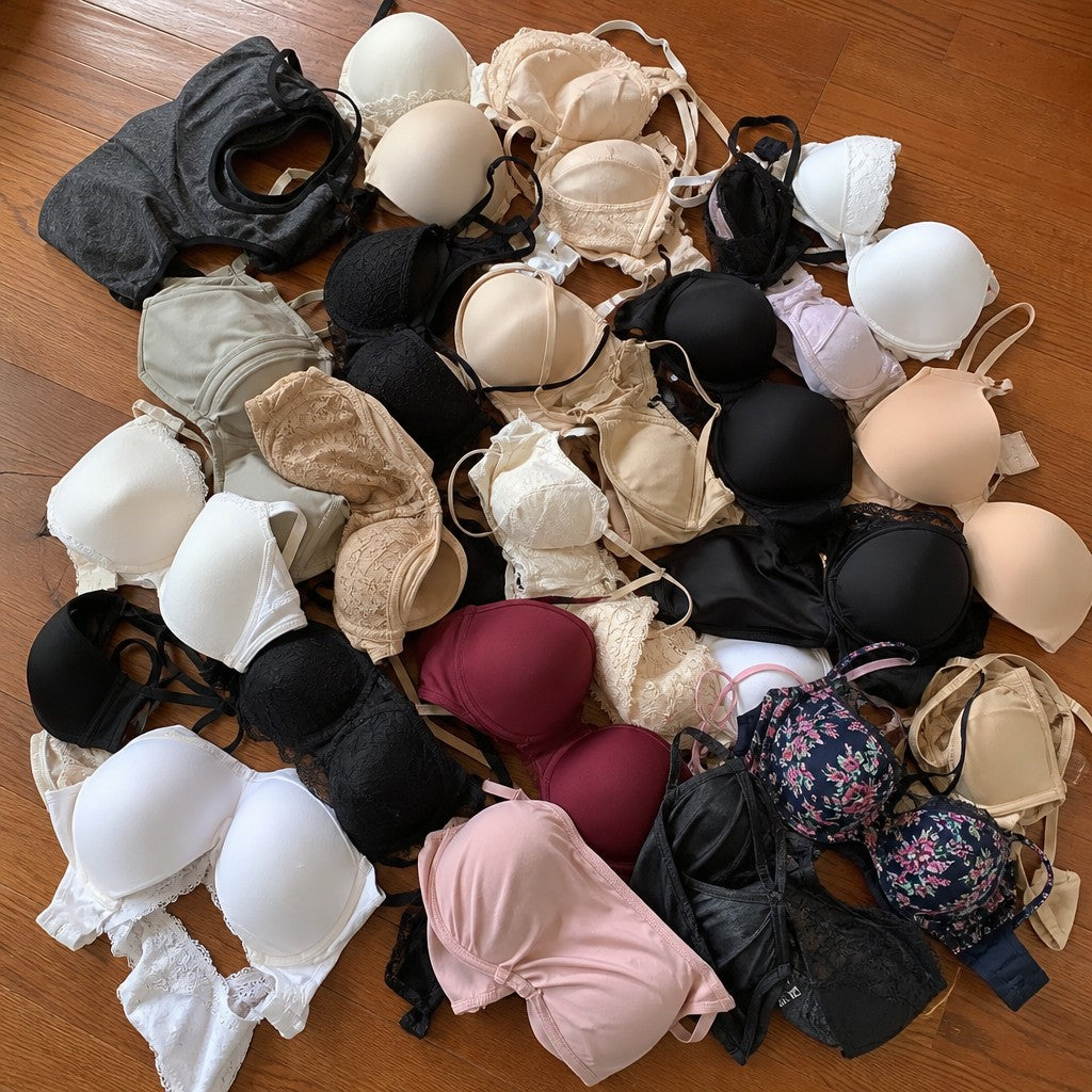 A pile of 23 discarded bras on a bedroom floor shot from above