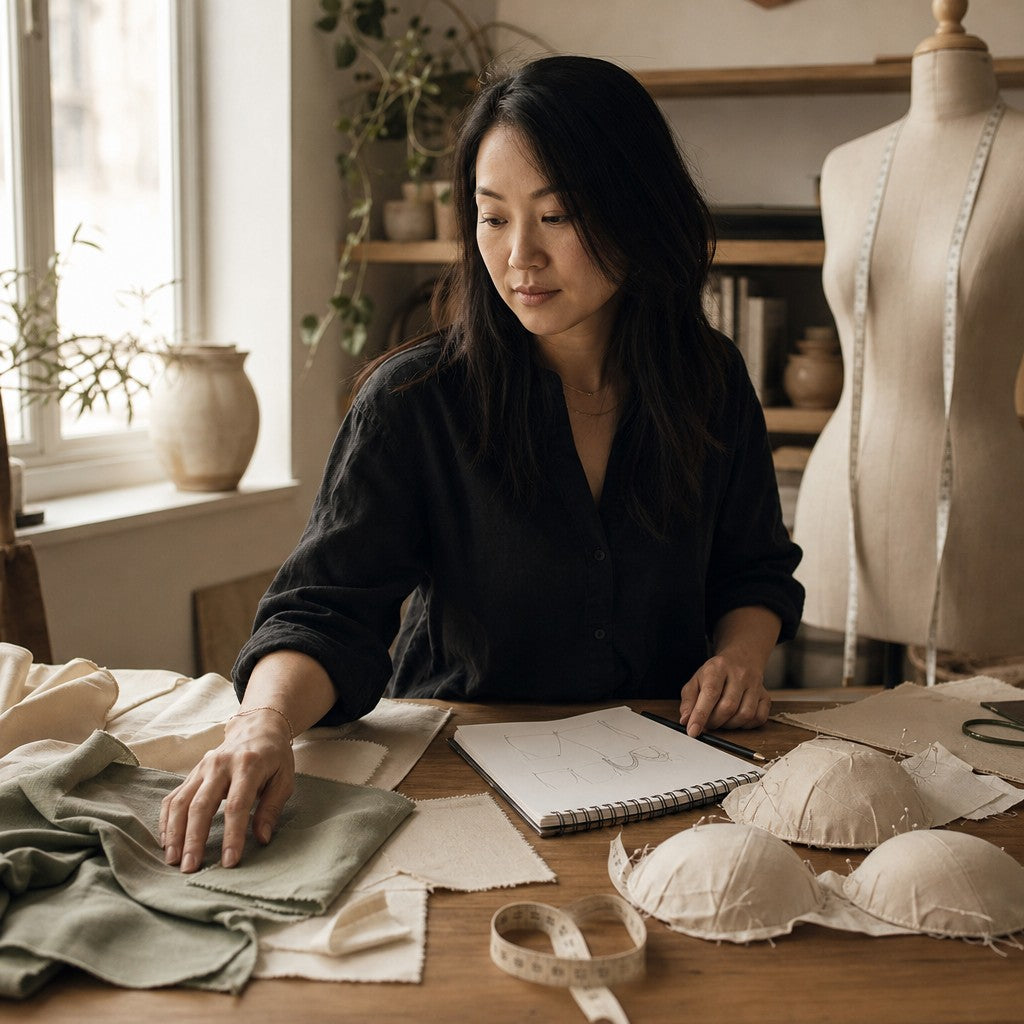 Maya Chen at her design studio workbench with fabric swatches and cup prototypes