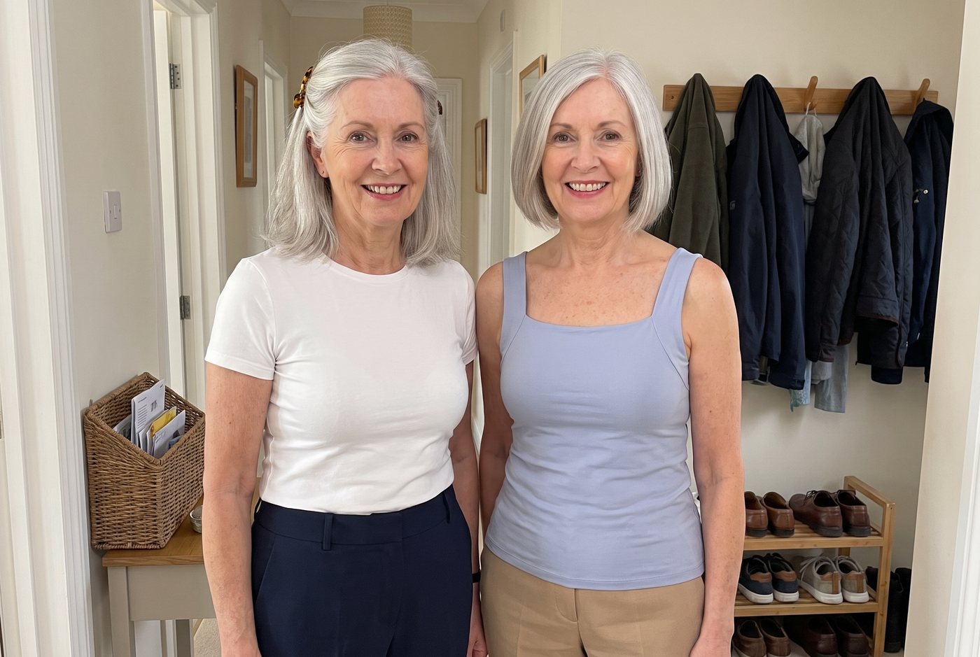 Carol in a t-shirt over her underwire bra, Linda in the built-in-bra tank