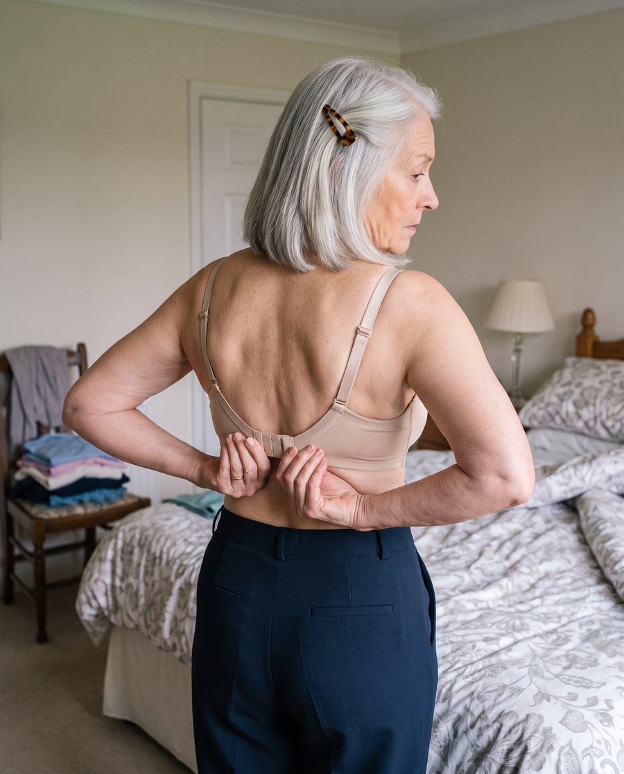 Carol reaching behind her back for the bra hooks