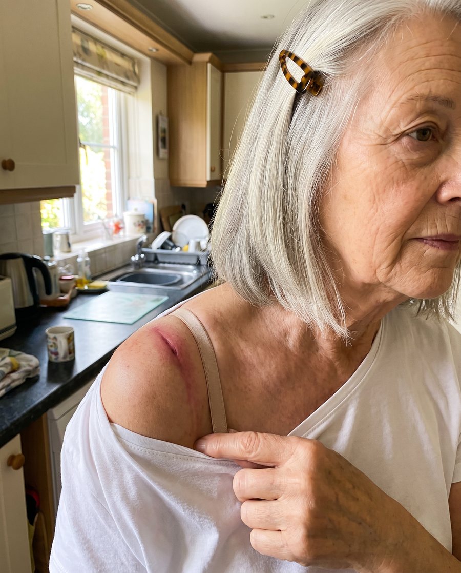A red groove under Carol's thin bra strap