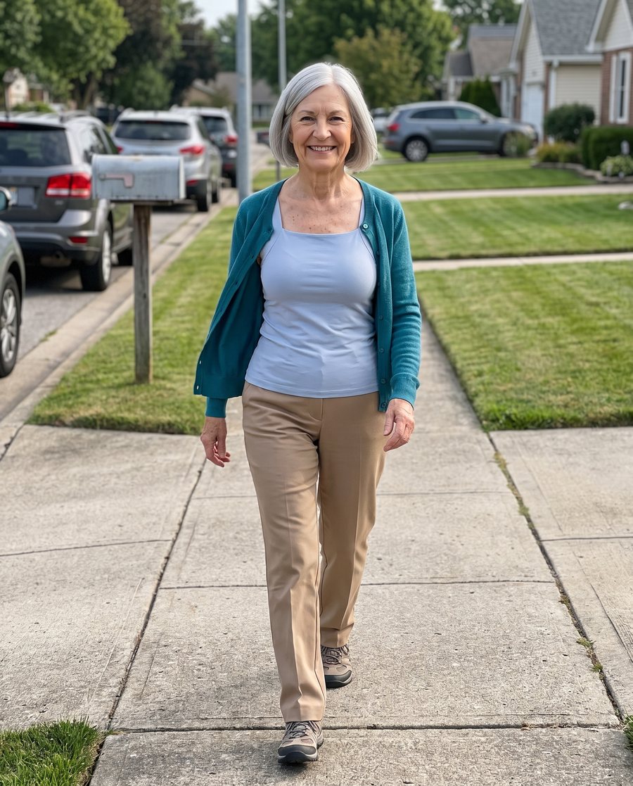 Linda walking briskly in the tank, arms swinging
