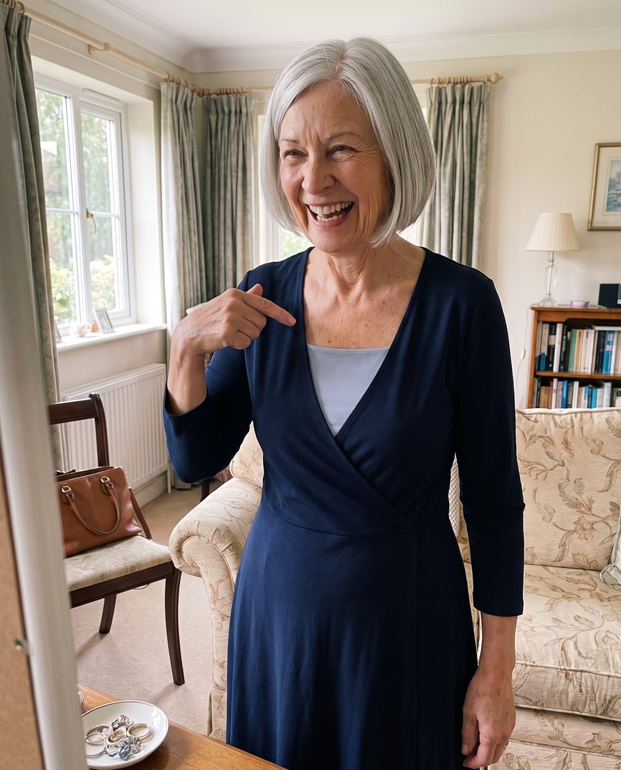 Linda in the same dress with the tank neckline showing in the V