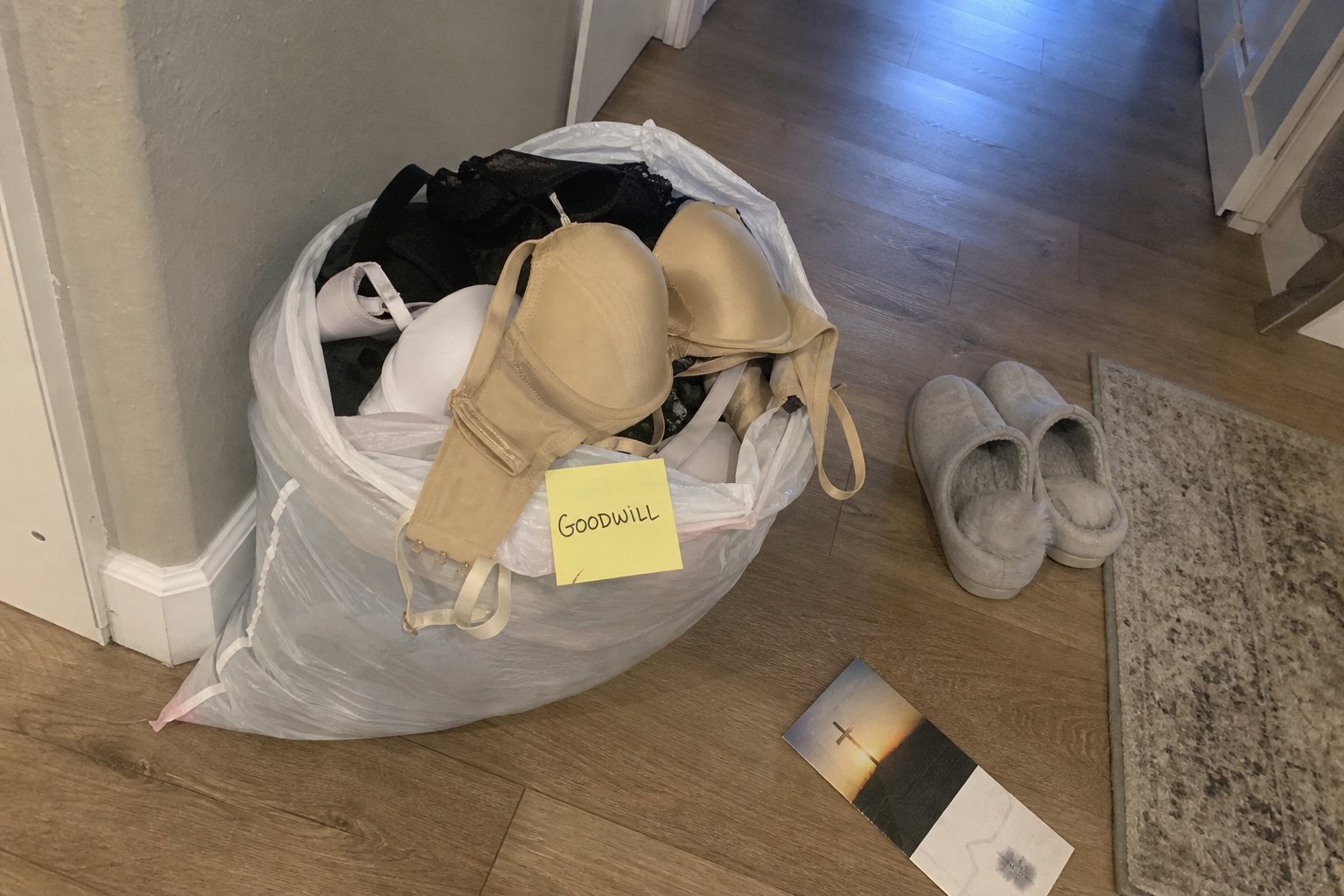 A bag of old bras ready for Goodwill