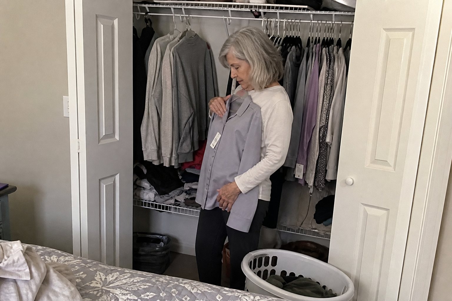A closet of unworn fitted blouses beside a pile of baggy sweatshirts