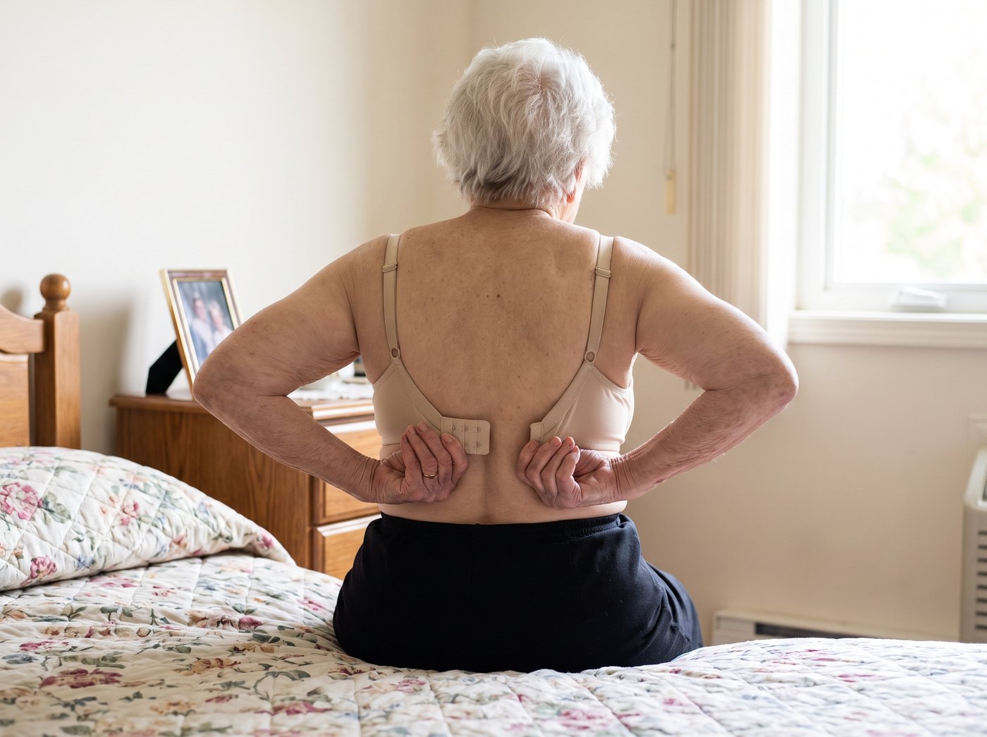 An older woman reaching both hands behind her back, unable to close a bra clasp
