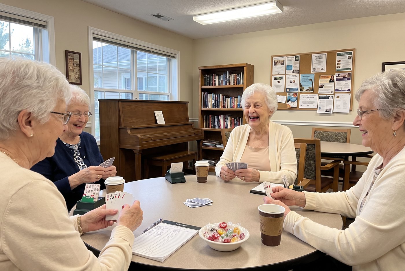 Edith playing cards with friends in the common room