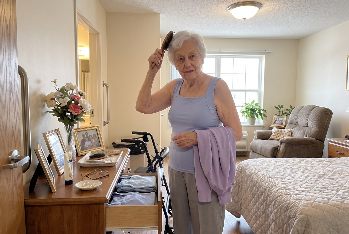 Edith Marsh, 86, at her dresser in the morning wearing the pull-on tank