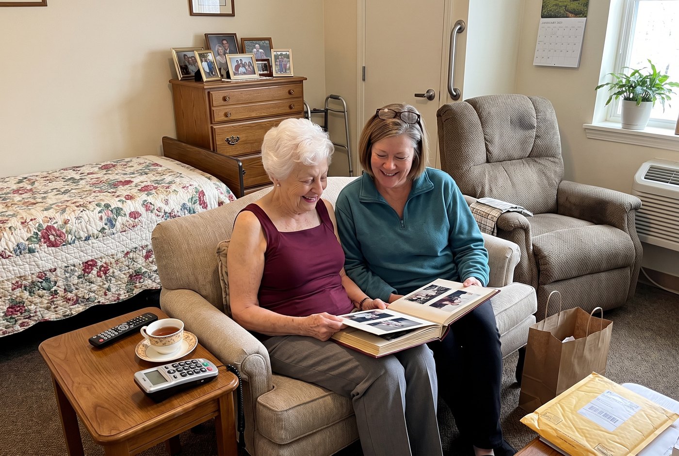 Edith and her daughter Diane looking at a photo album in Edith's apartment