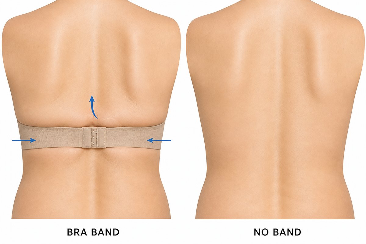 Left: a bra band pressing into the back with skin folding over it. Right: the same back with no band, smooth.