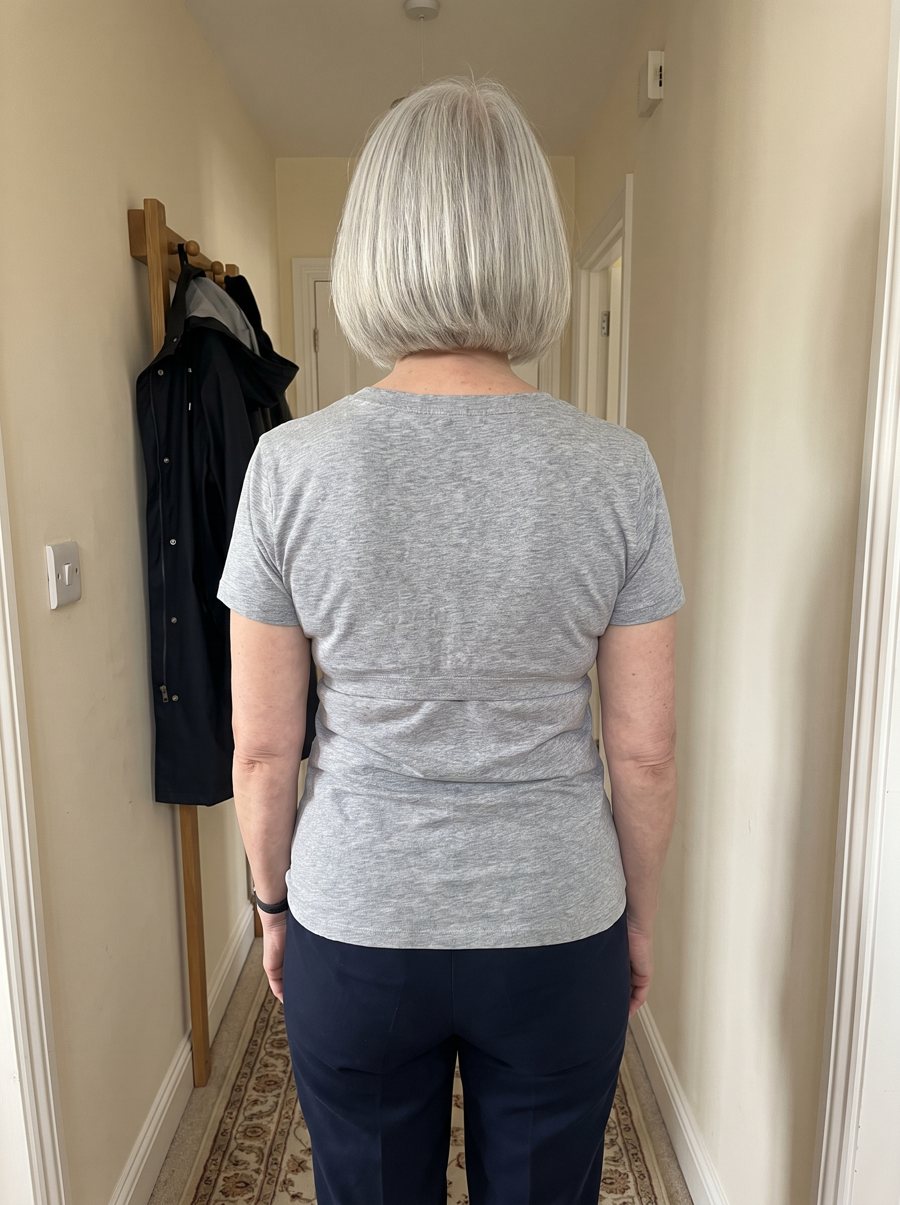 Carol M. from behind in her usual bra: a band line and roll show through the top