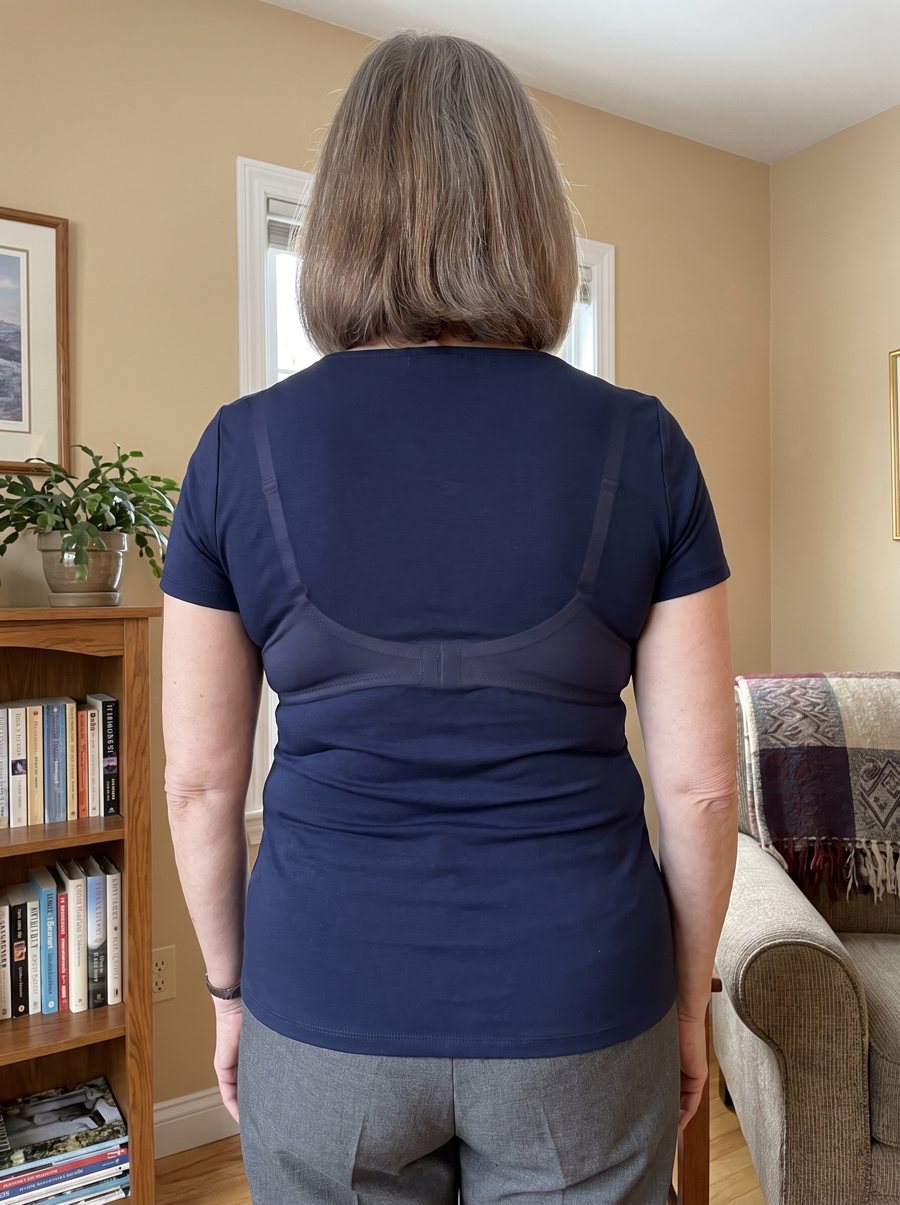 Linda R. from behind in her usual bra: a band line and roll show through the top
