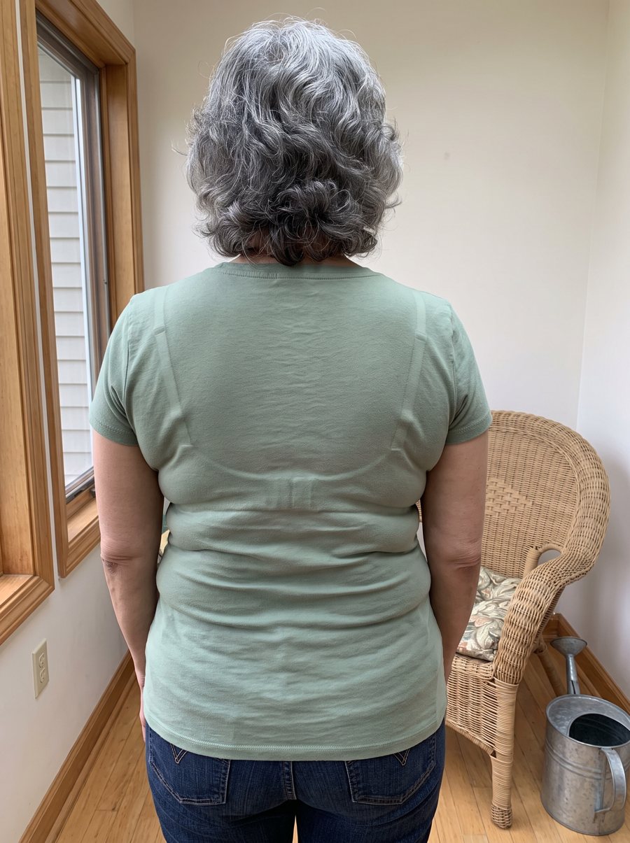 Rosa G. from behind in her usual bra: a band line and roll show through the top