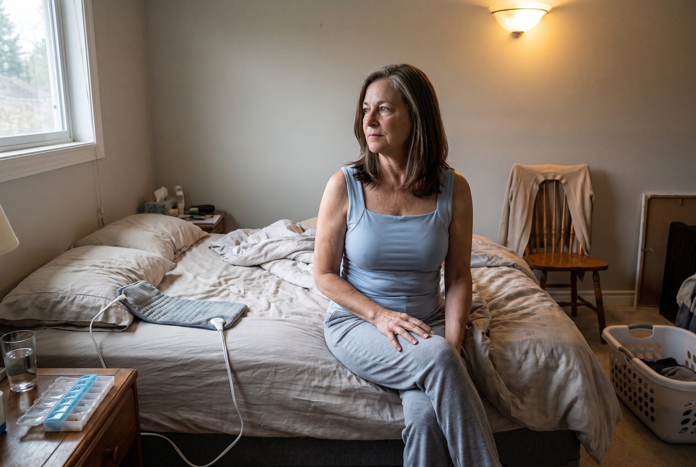 Debbie sitting on her bed in the morning wearing the tank