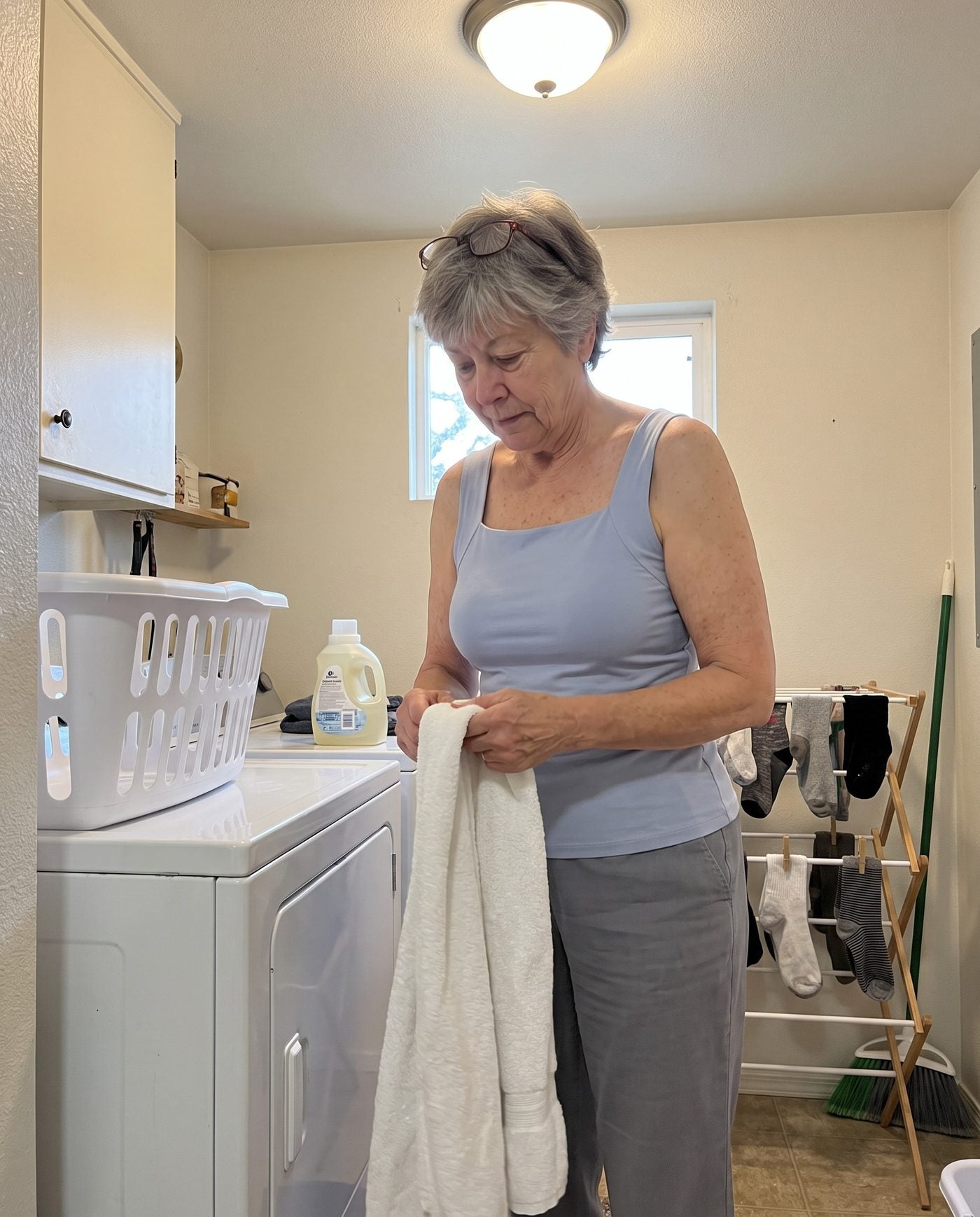 Joan in her laundry room wearing the light blue Freeform tank