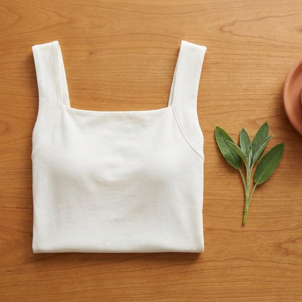 The Freeform tank folded on a wooden surface with a sprig of sage