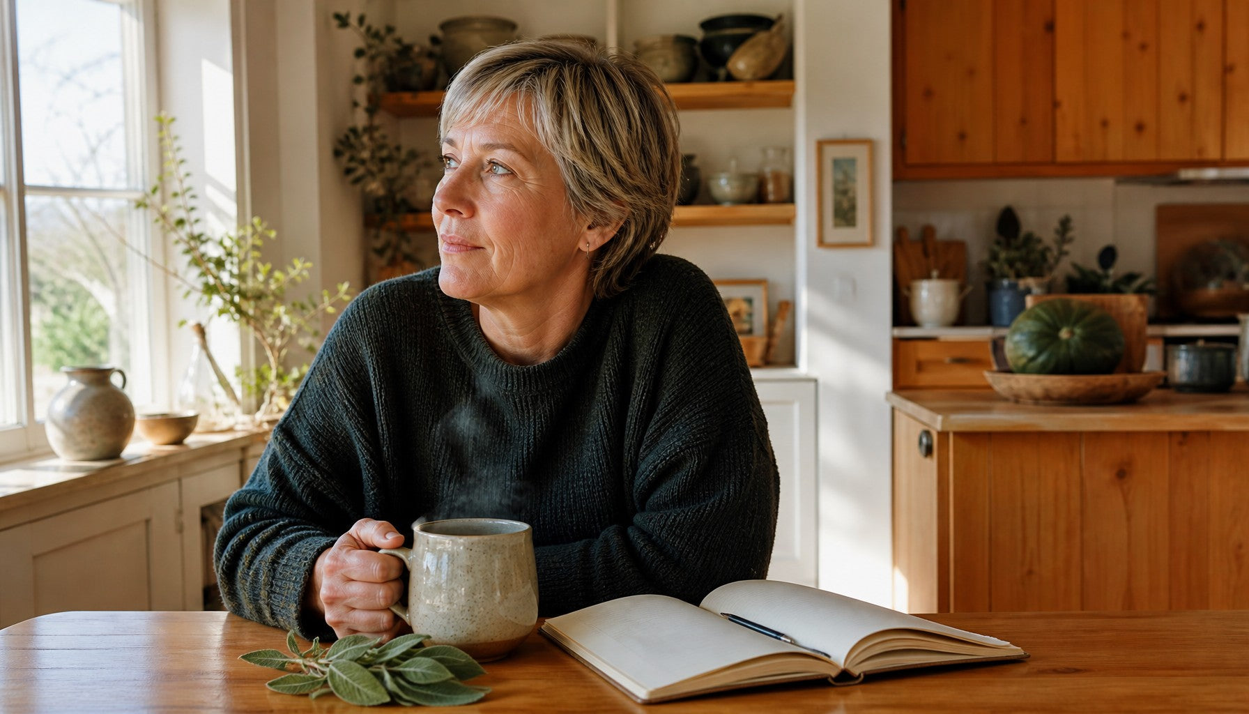 A woman at a sunlit kitchen table in warm midday light, sage branch on the counter