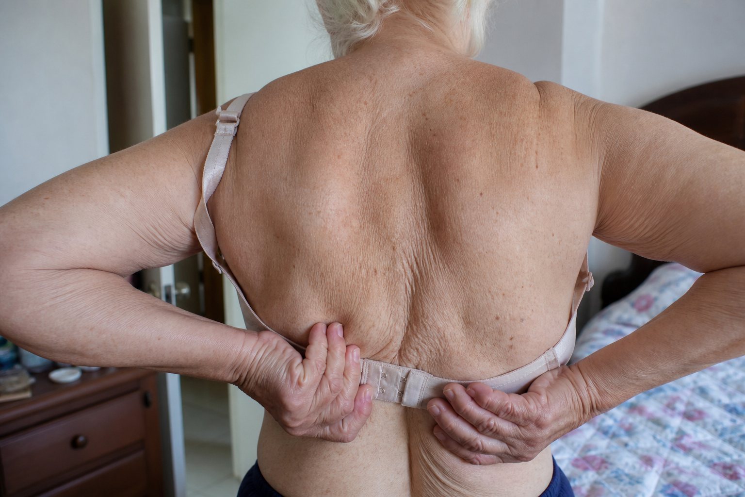 Hands struggling with a bra clasp