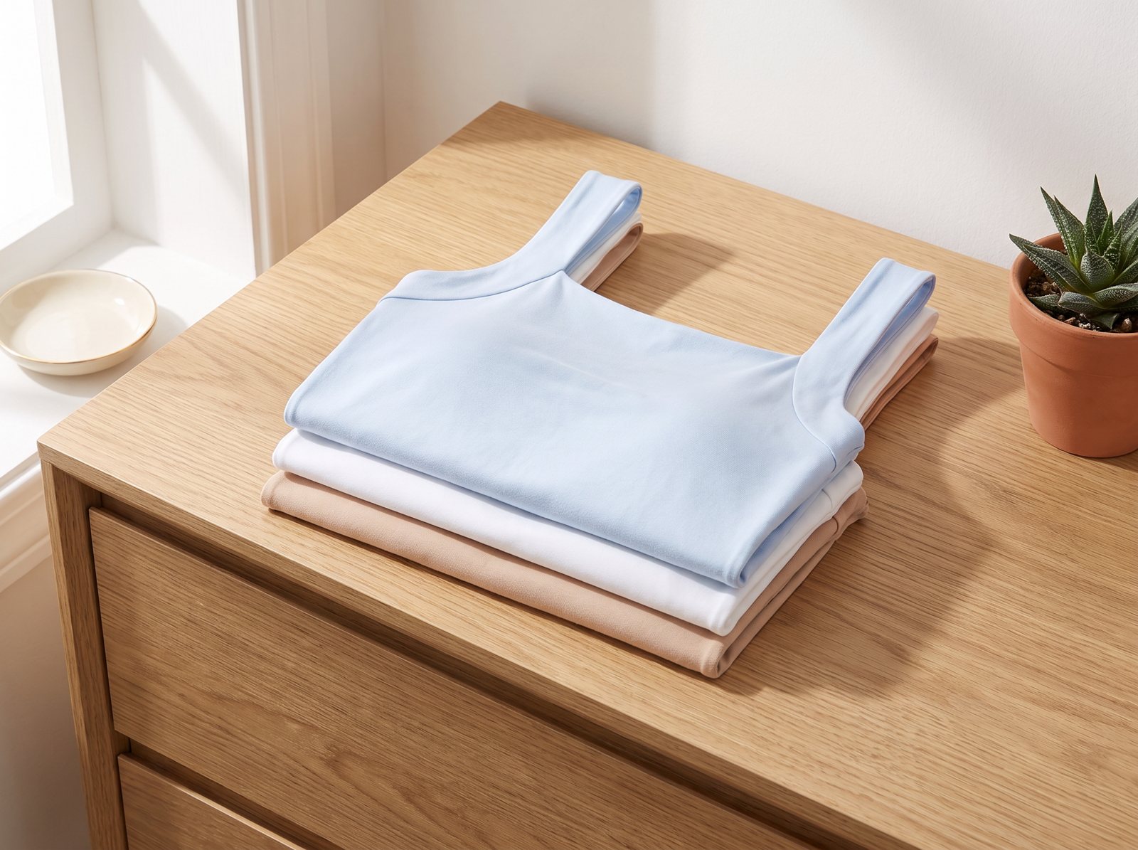 Folded tanks in light blue, white and beige