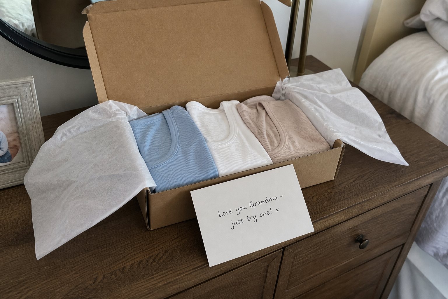 An opened parcel with three folded tank tops