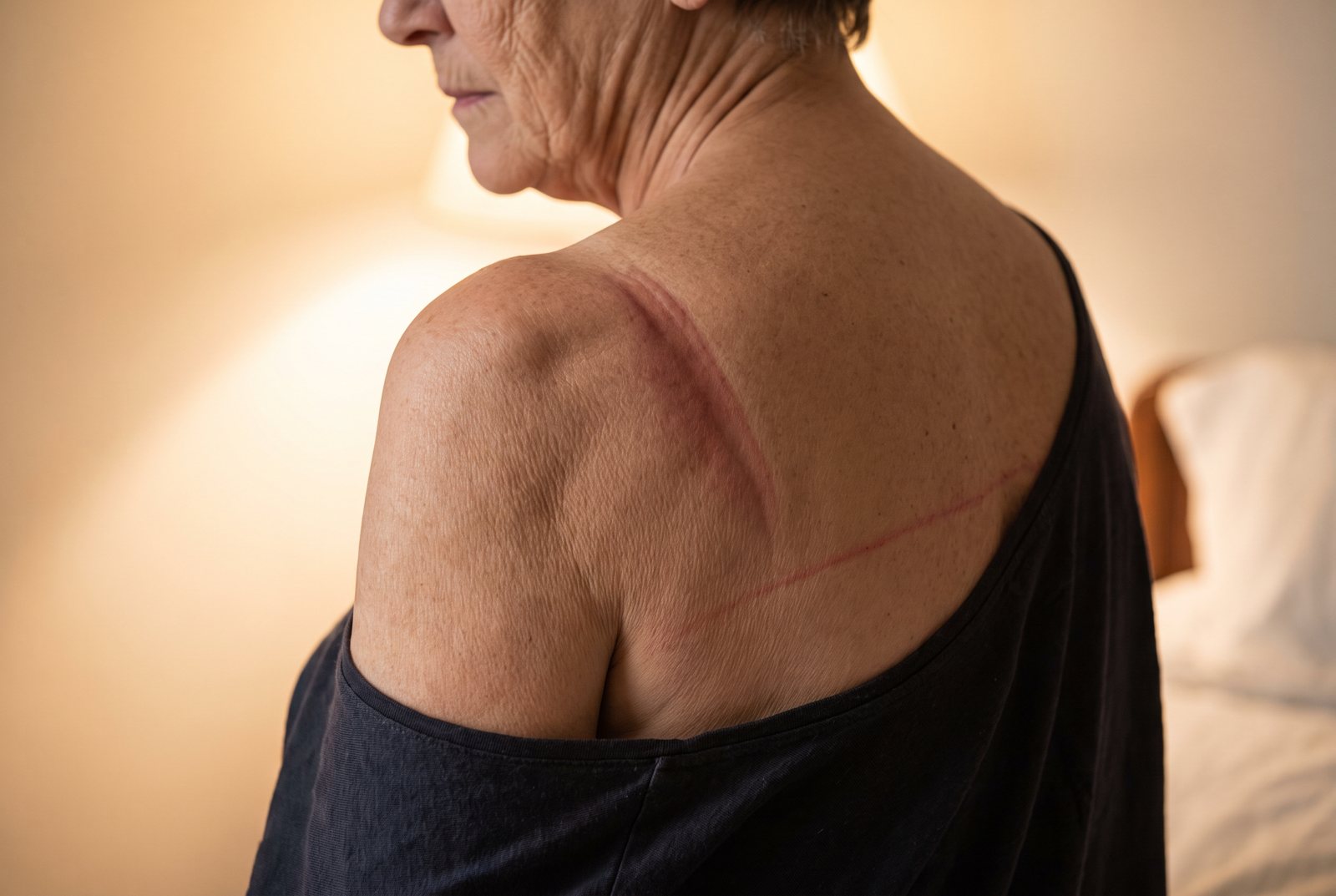 Red marks left by bra straps and band