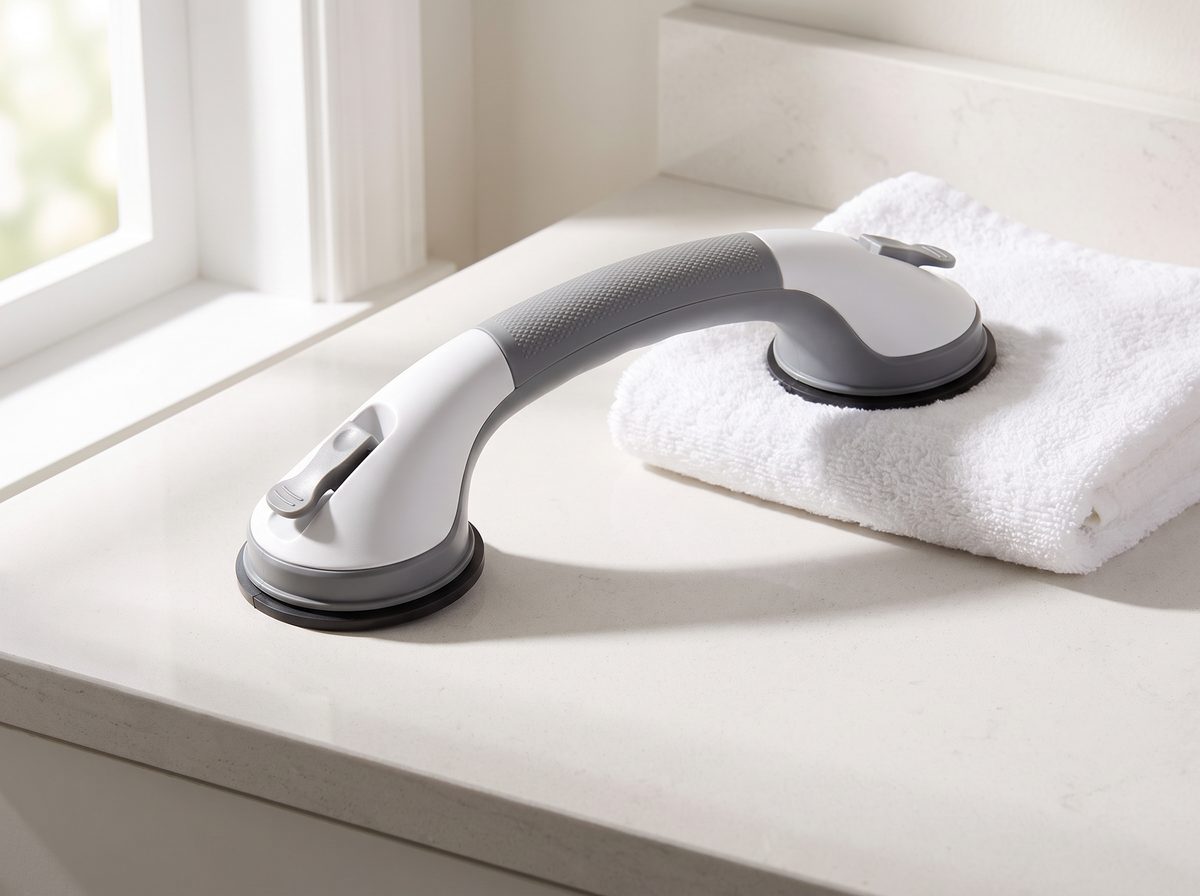A Holdfast Pro safety handle on a bathroom counter